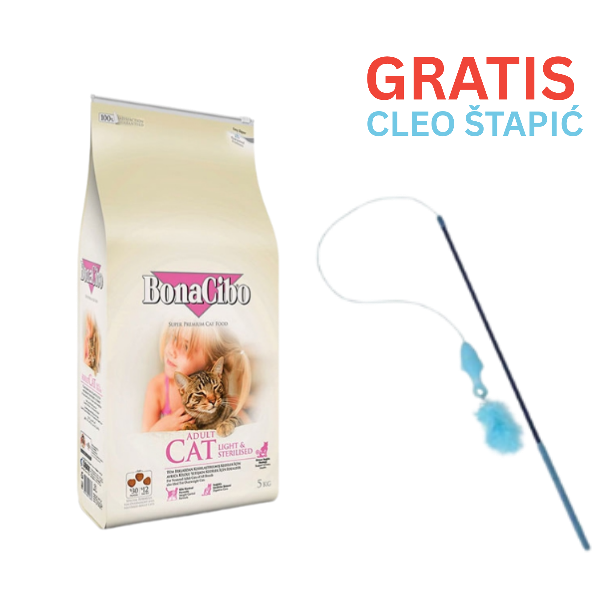 BONACIBO za odrasle mačke Light & Sterilized - 5KG + Cleo štapić za mačke