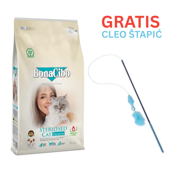 BONACIBO hrana za sterilizirane mačke Losos - 5kg + Cleo štapić za mačke