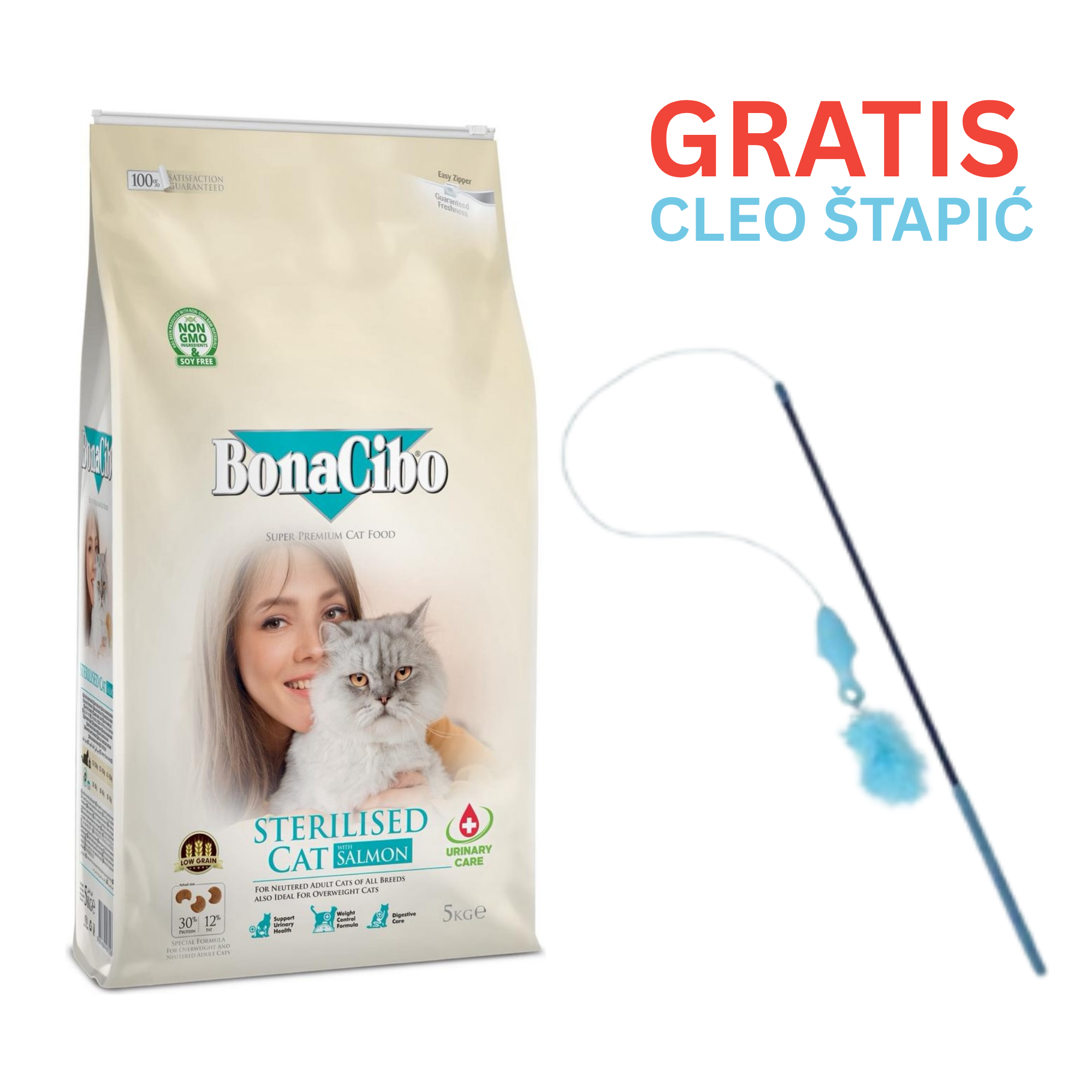 BONACIBO hrana za sterilizirane mačke Losos - 5kg + Cleo štapić za mačke