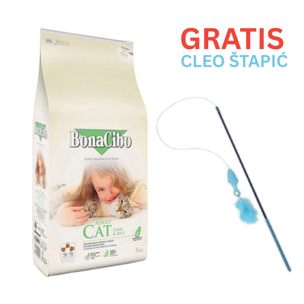 BONACIBO jagnjetina sa rižom za odrasle mačke - 5KG + Cleo štapić za mačke