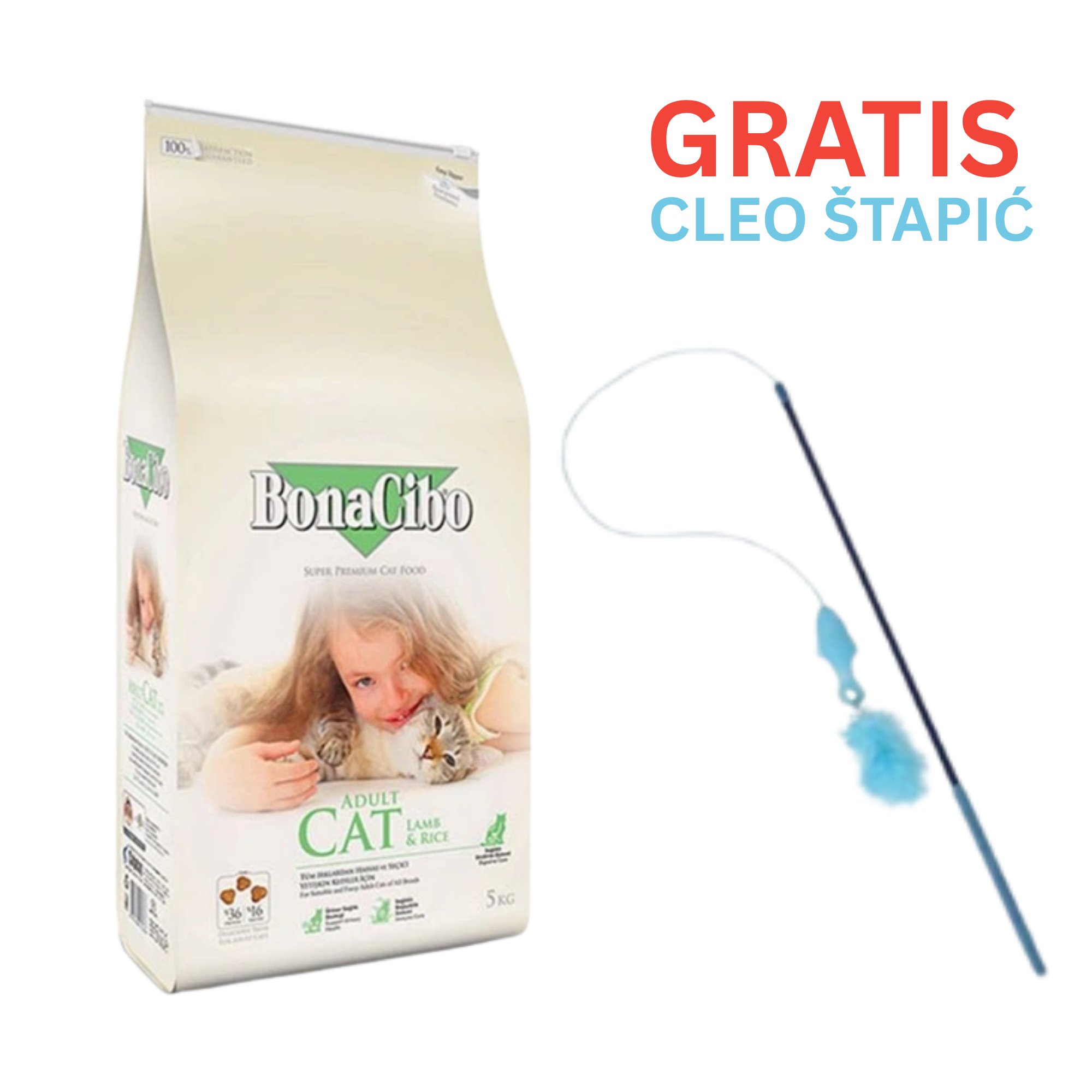 BONACIBO jagnjetina sa rižom za odrasle mačke - 5KG + Cleo štapić za mačke